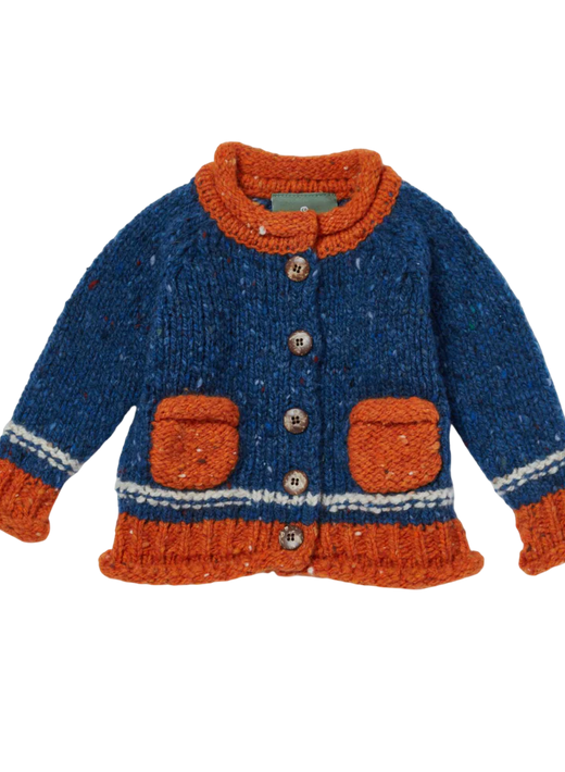 Blue knitted cardigan with orange collar, cuffs, pockets, and buttons