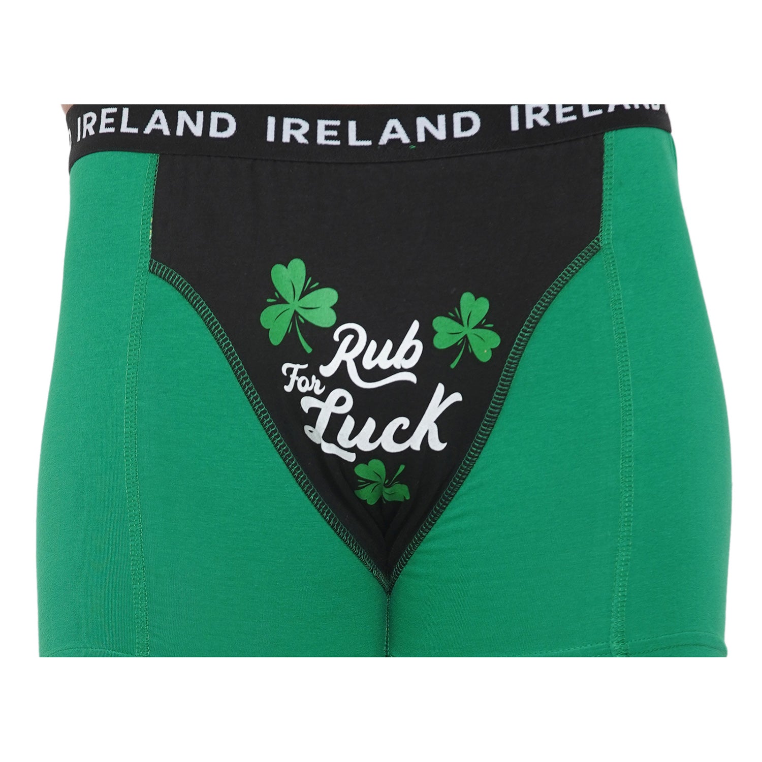 Close up of Kelly Green Rub for Luck men's boxer with black front panel and shamrock design