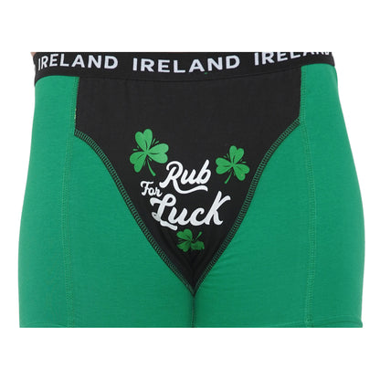 Close up of Kelly Green Rub for Luck men's boxer with black front panel and shamrock design
