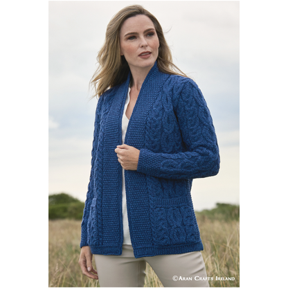 Ladies Aran Short Edge To Edge Blue Cardigan