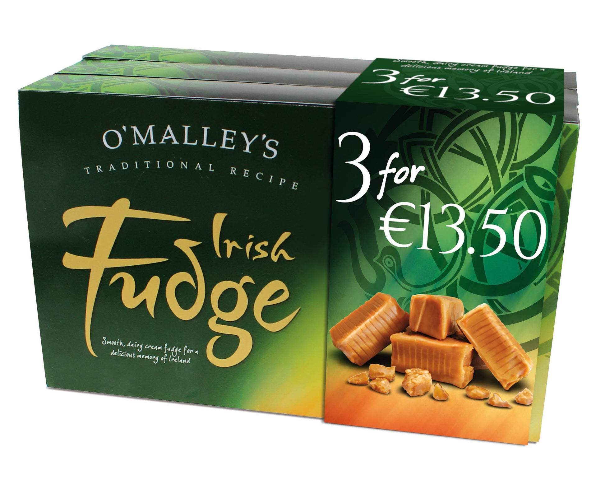 3 x 200g boxes of O'MALLEY'S Traditional Irish Fudge in dark green packaging with a 3 for €13.50 promo