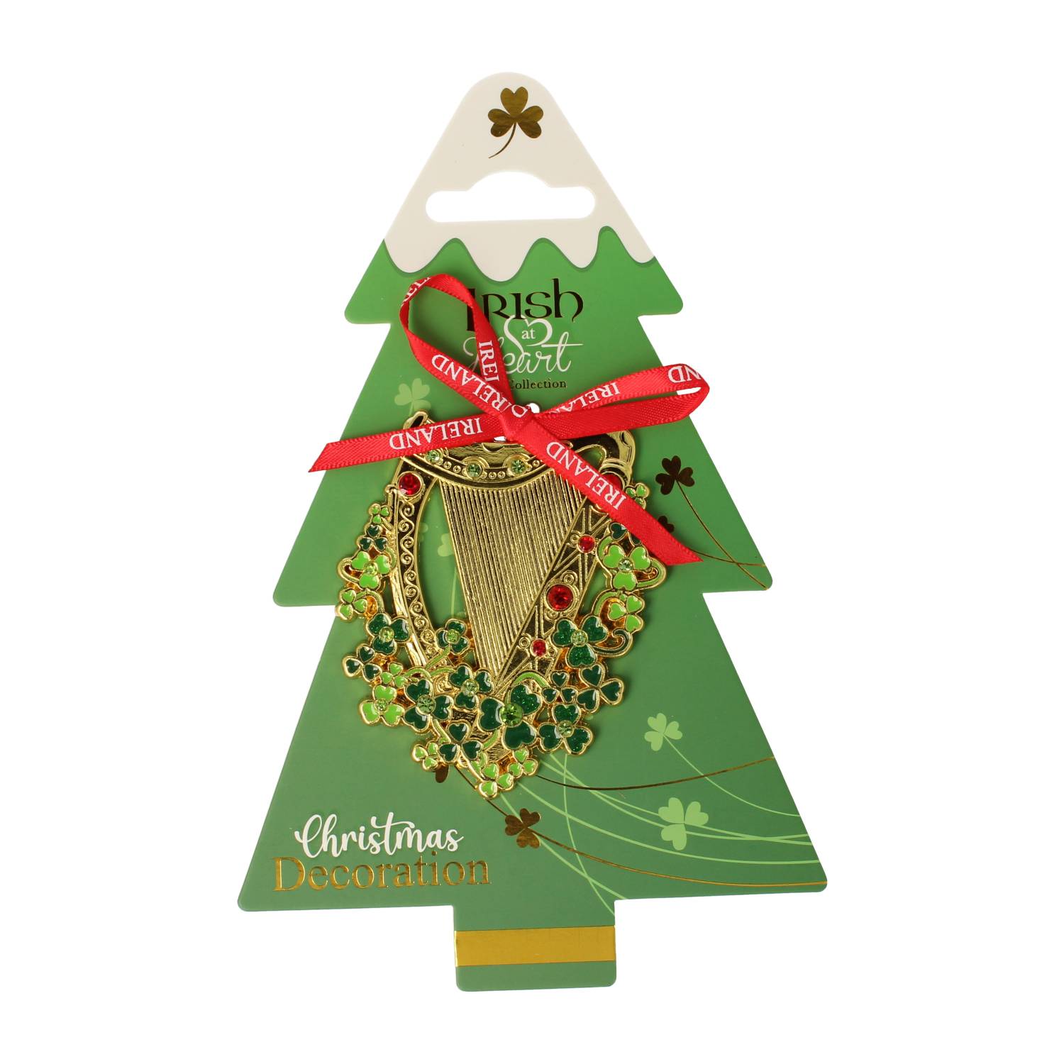 Green Christmas tree shaped card featuring a gold metal harp decoration tied with a red Ireland ribbon