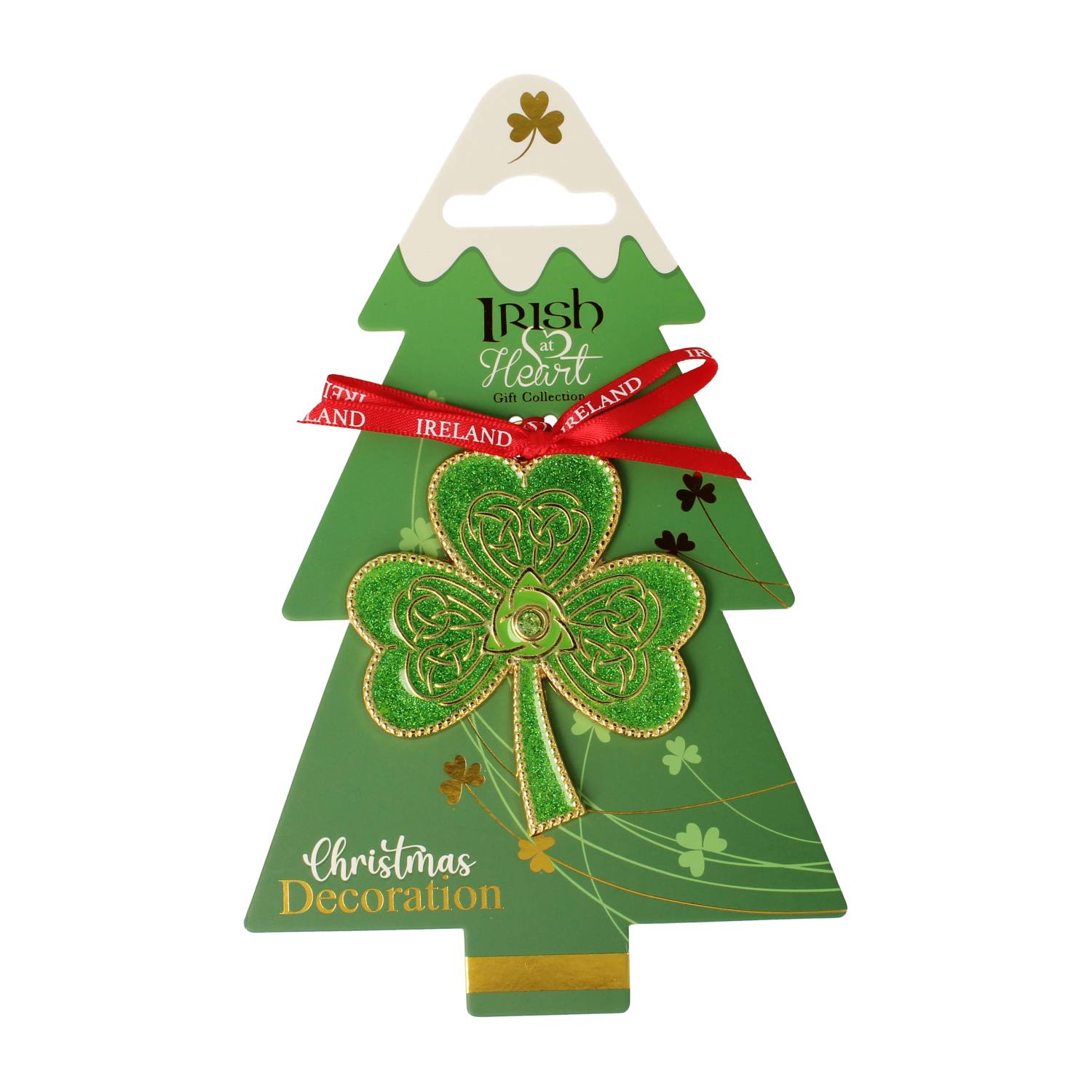 Green Christmas tree shaped card with a glittery green shamrock metal decoration bound by a red Ireland ribbon