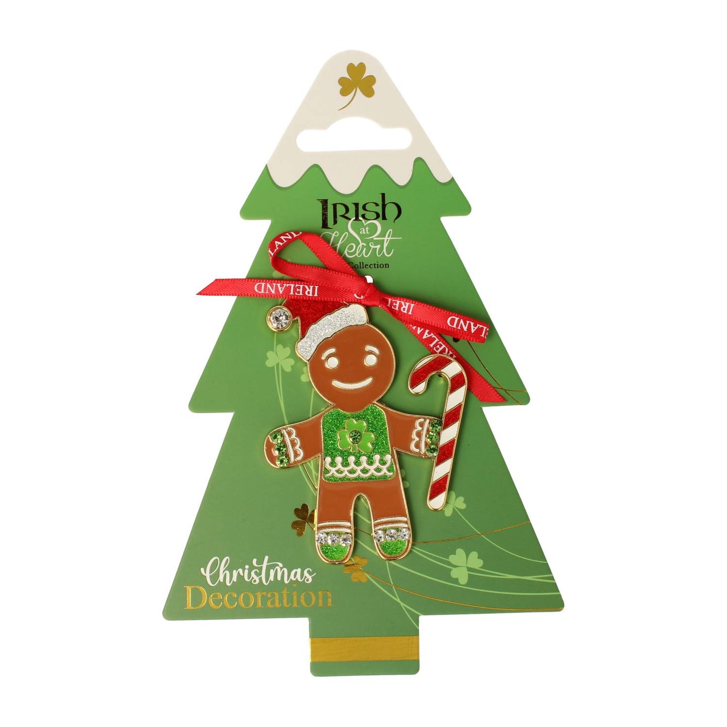 Green Christmas tree shaped metal decoration with a smiling gingerbread man and candy cane, tied with a red Ireland ribbon