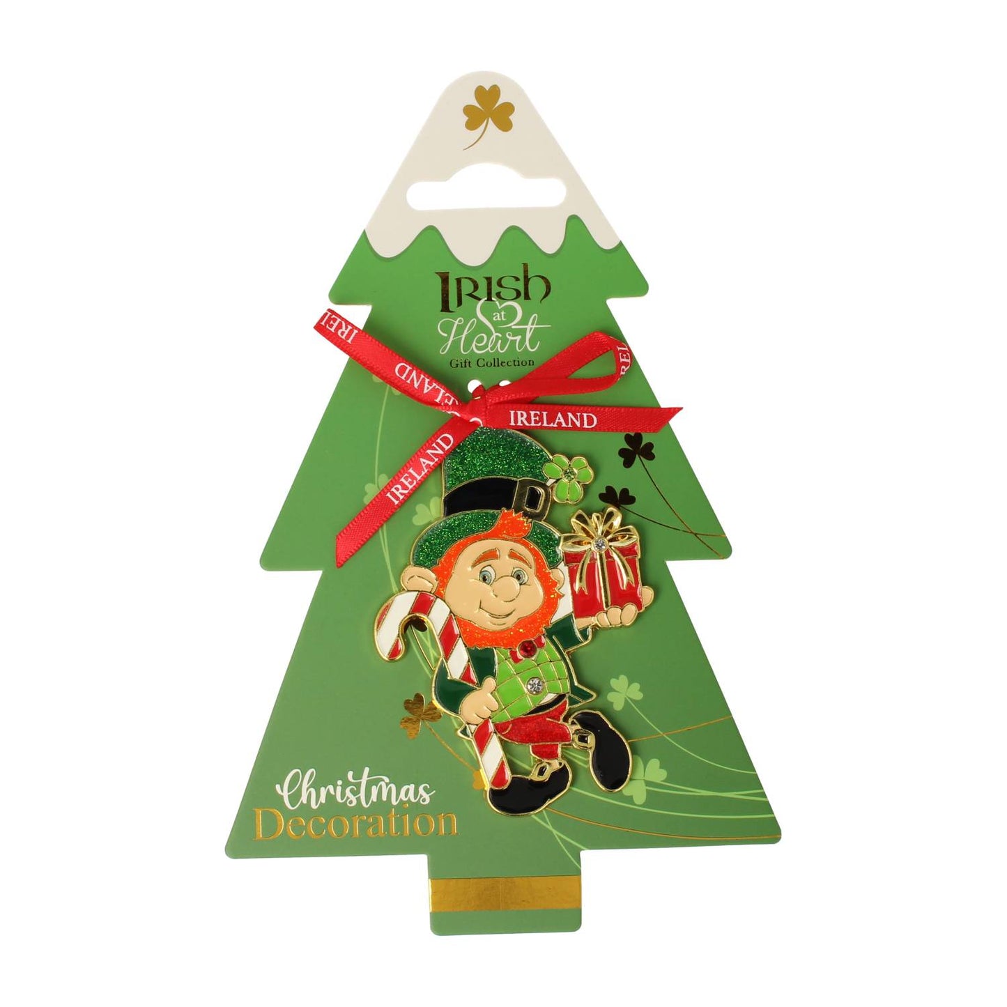 Green Christmas tree metal decoration featuring a leprechaun holding a gift with a red Ireland ribbon
