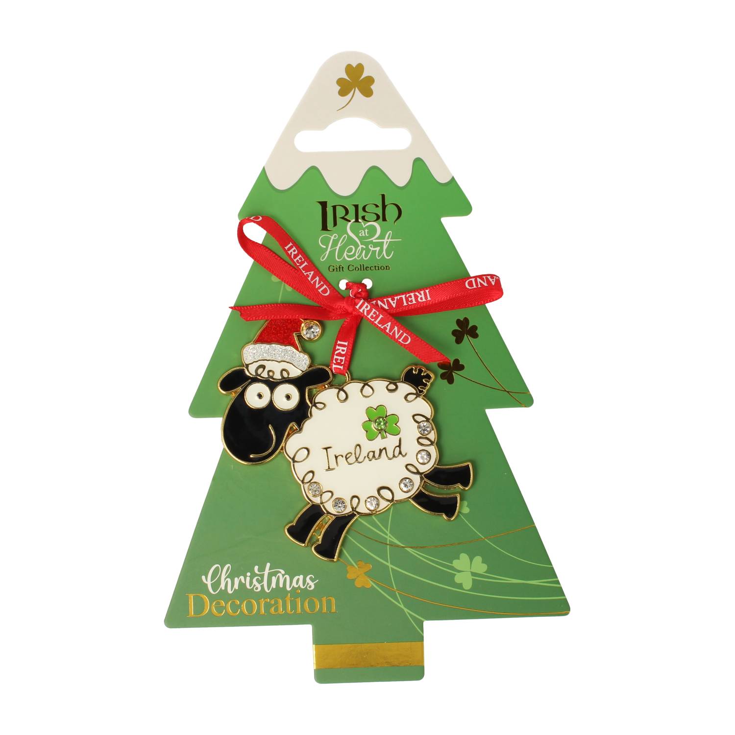 Green Christmas tree metal decoration with a jeweled sheep charm and Ireland inscription on the body, tied by red ribbon
