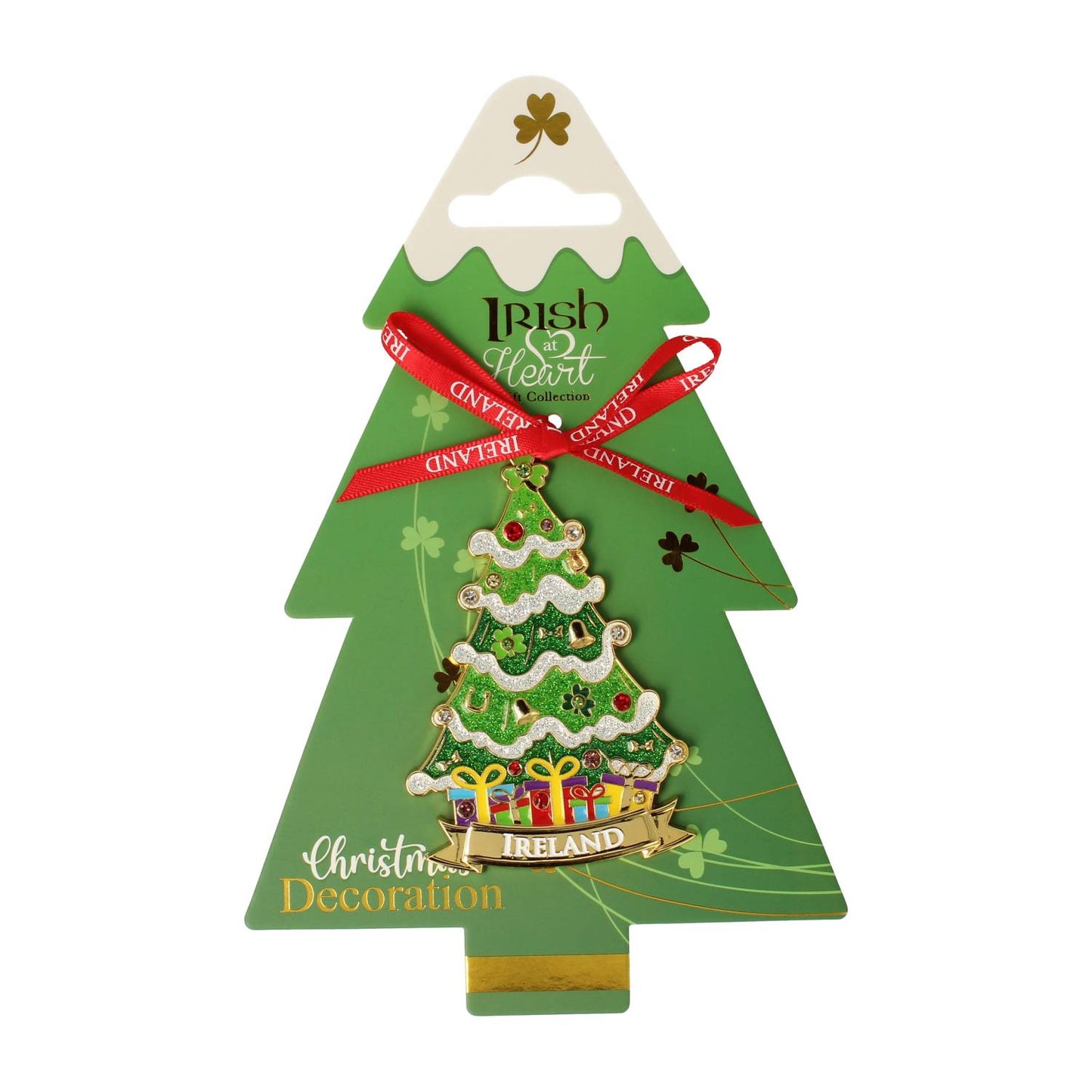 Irish at Heart metal Christmas tree decoration with a white snowy cap, a red Ireland ribbon, and glittering green tree motif