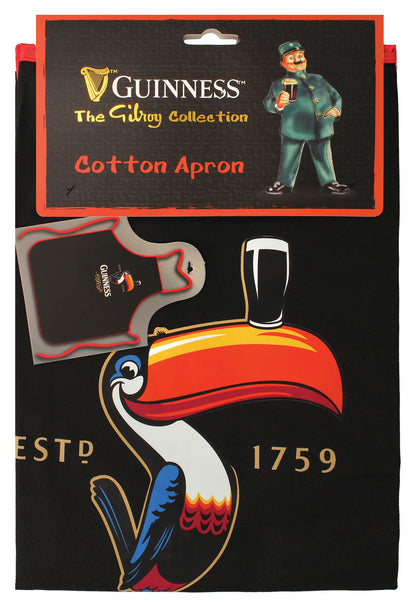 Guinness cotton apron from The Gilroy Collection with a cartoon porter and bold toucan graphic