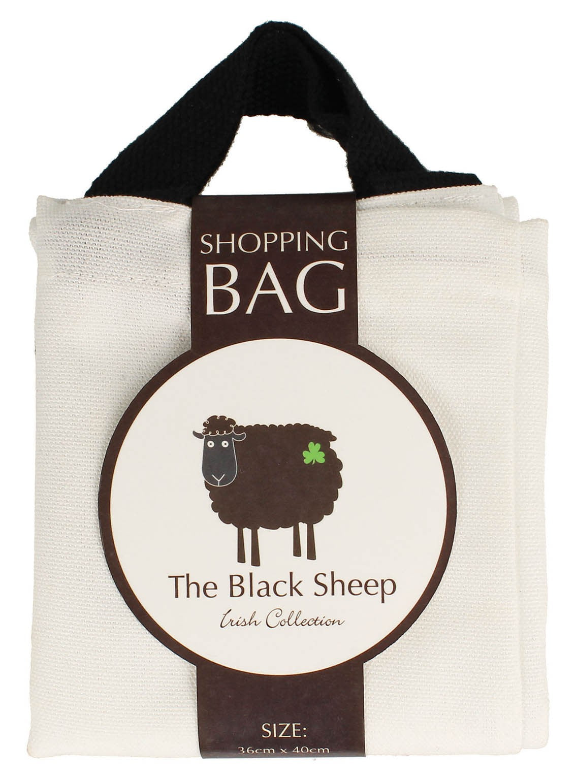 White canvas tote bag with black handles and a circular label featuring a cartoon black sheep