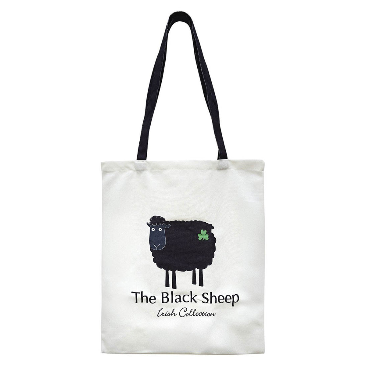 White tote bag featuring a black sheep graphic and shamrock with dark navy handles