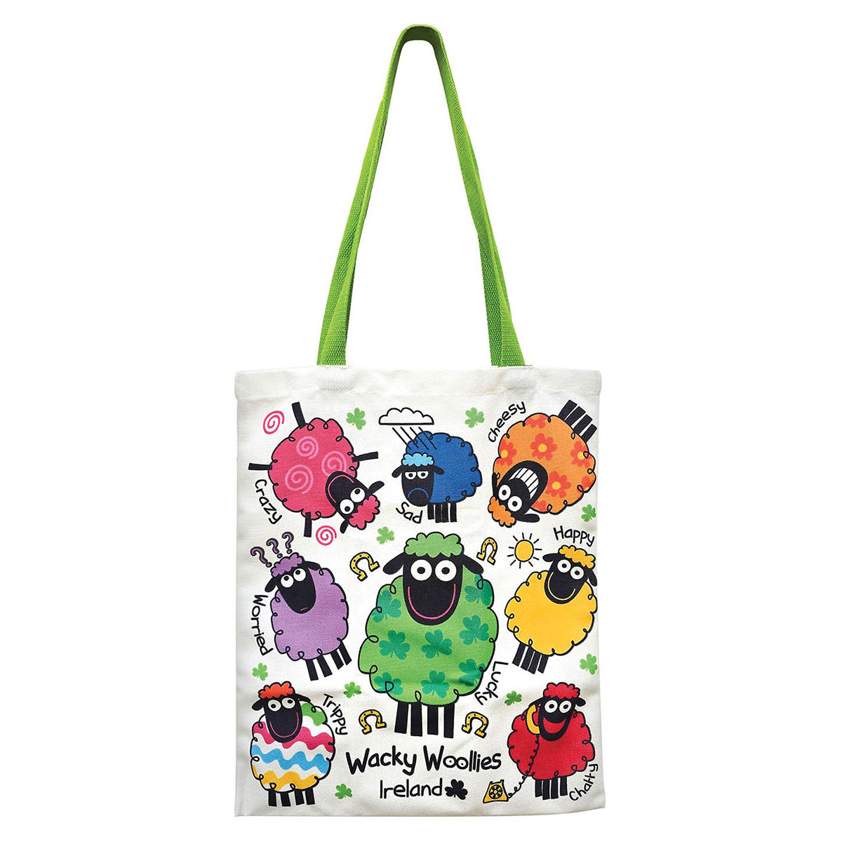 White tote bag printed with colorful sheep characters and bright green handles