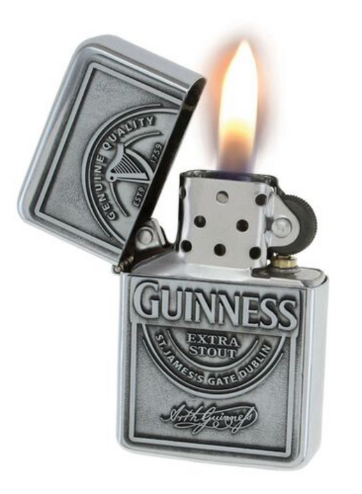 Metal lighter with open lid and flame, embossed with Guinness logo