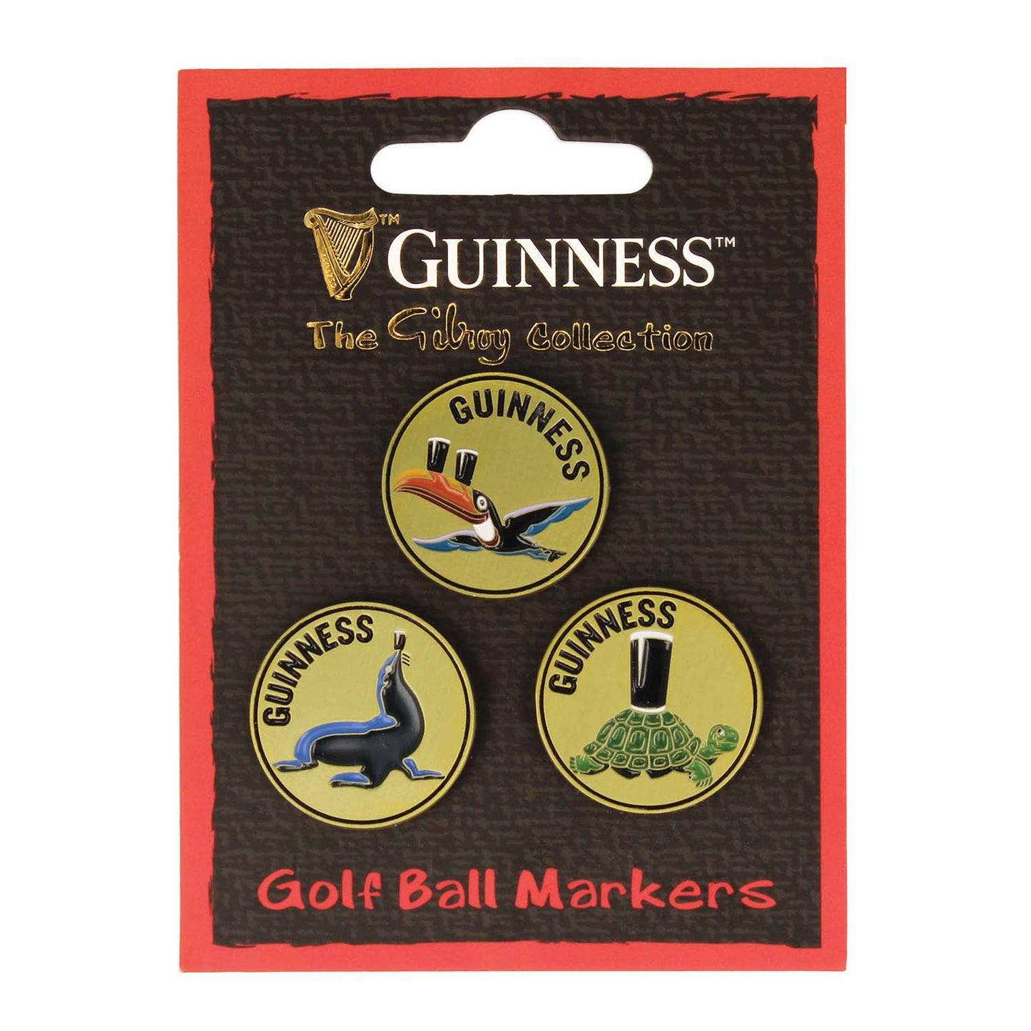 Guinness Gilroy Gold golf ball markers set with three round markers on black red packaging