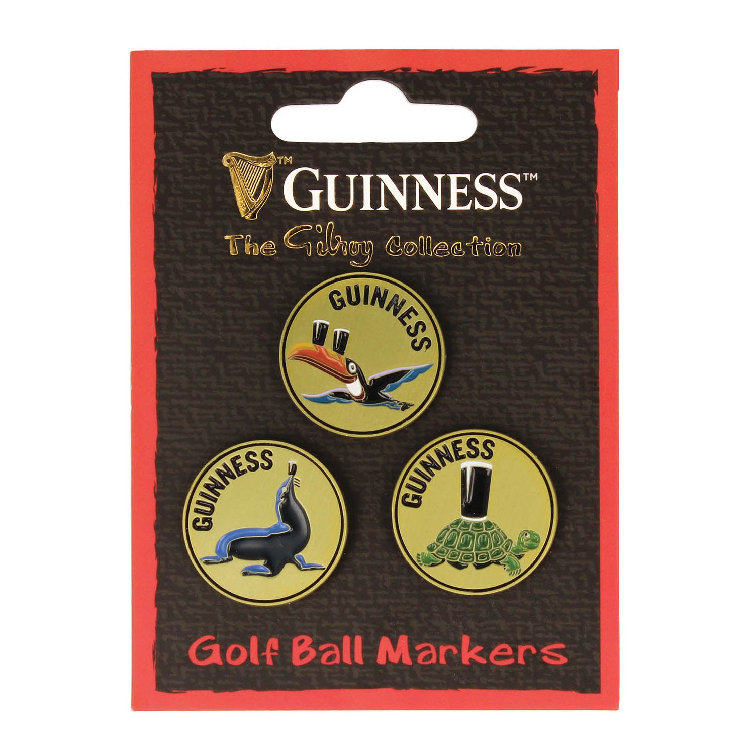 Guinness Gilroy Gold golf ball markers set with three round markers on black red packaging