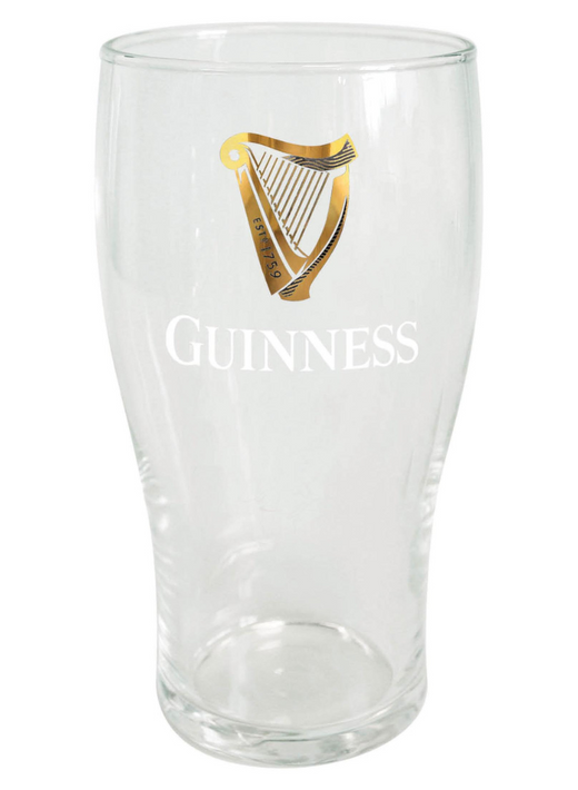 Clear pint glass with gold harp and white Guinness logo