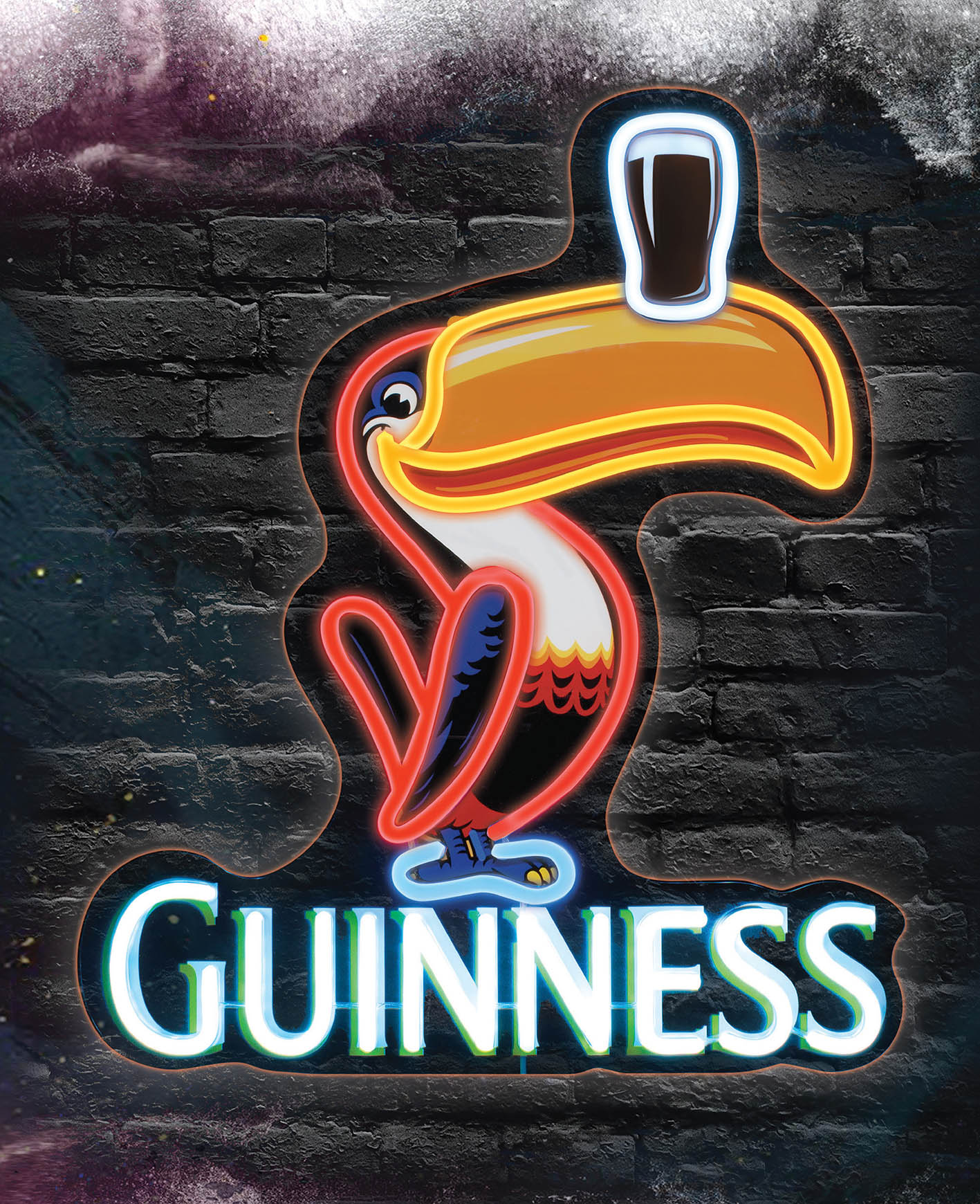 Guinness toucan neon sign with bold Guinness lettering on a brick wall