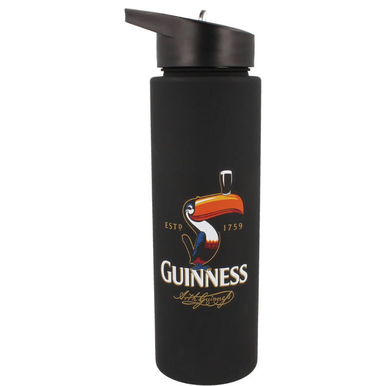 Black water bottle with a colorful toucan and Guinness logo