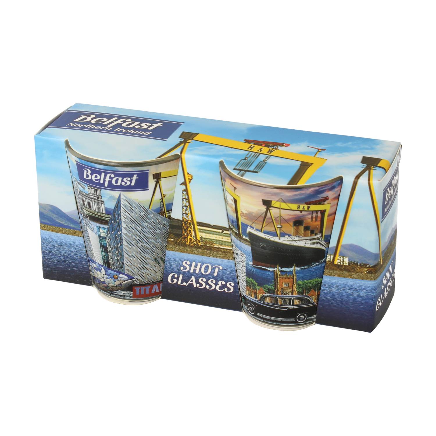 Two Belfast montage shot glasses kit in a blue box displaying city scenes and ships