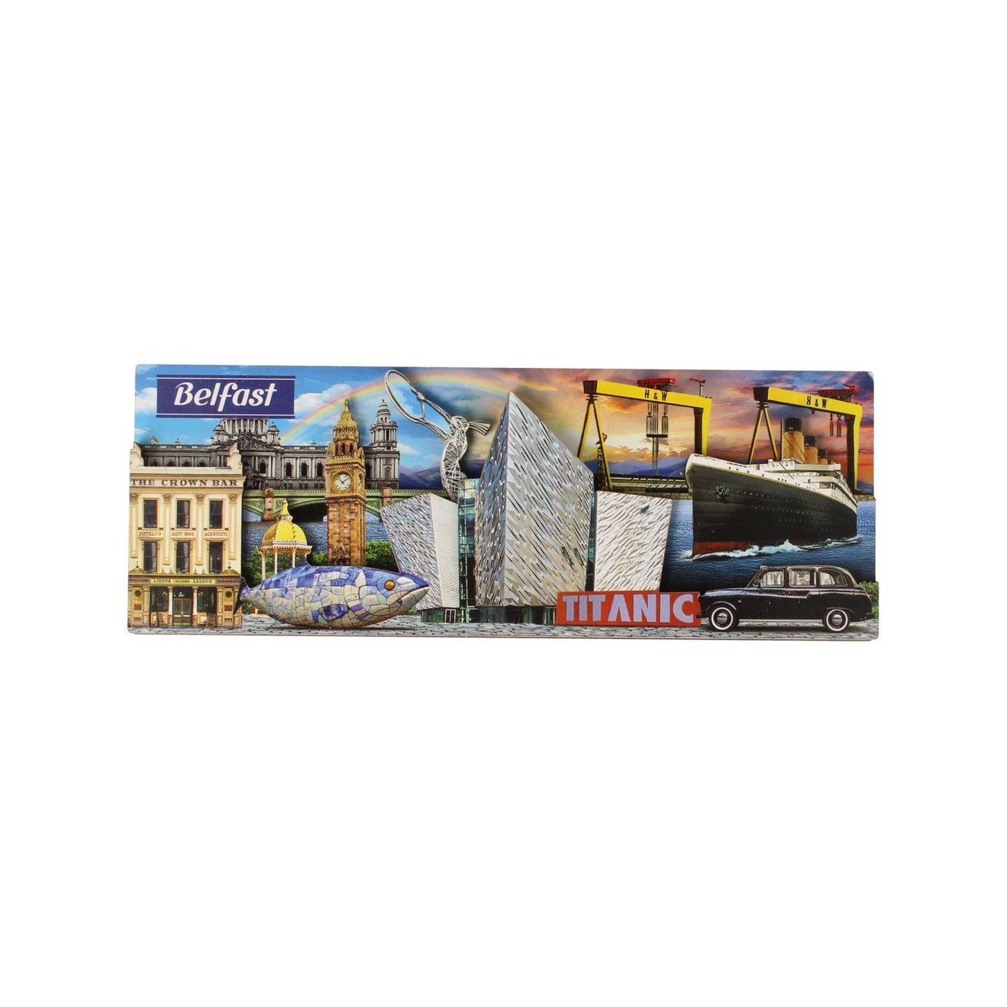 Belfast montage layered wooden magnet featuring city landmarks and Titanic elements
