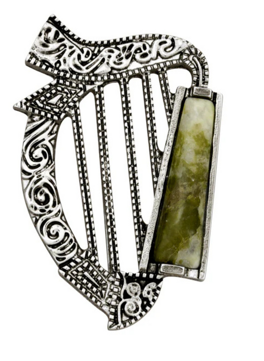 Rhodium Plated Connemara Marble Harp Brooch