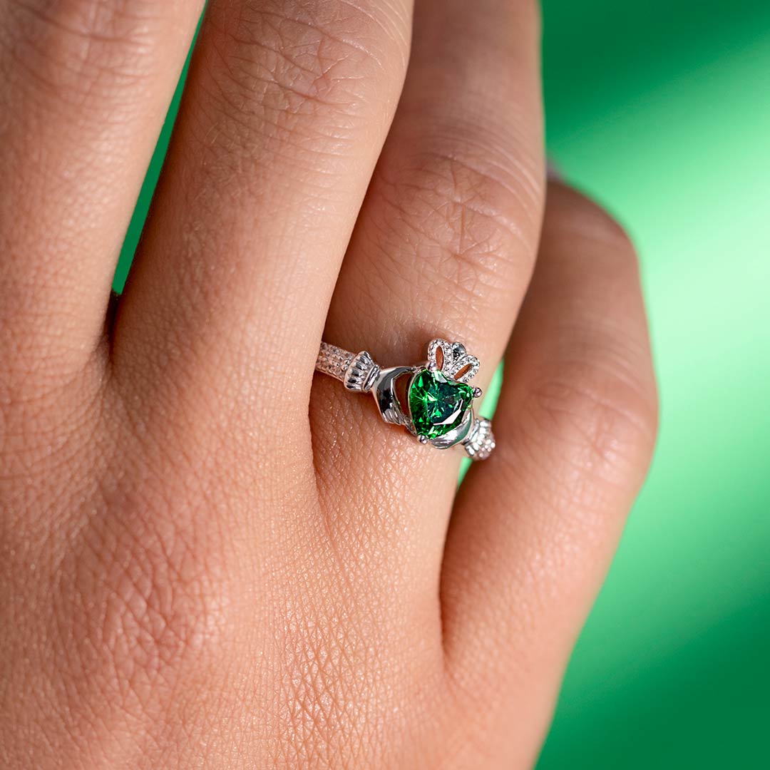 May Birthstone Emerald Claddagh Ring 
