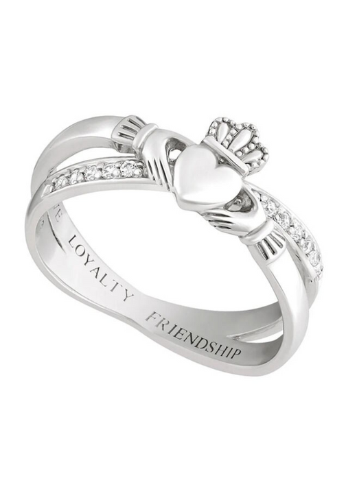 Silver ring with heart, crown, hands, and engraved words loyalty friendship