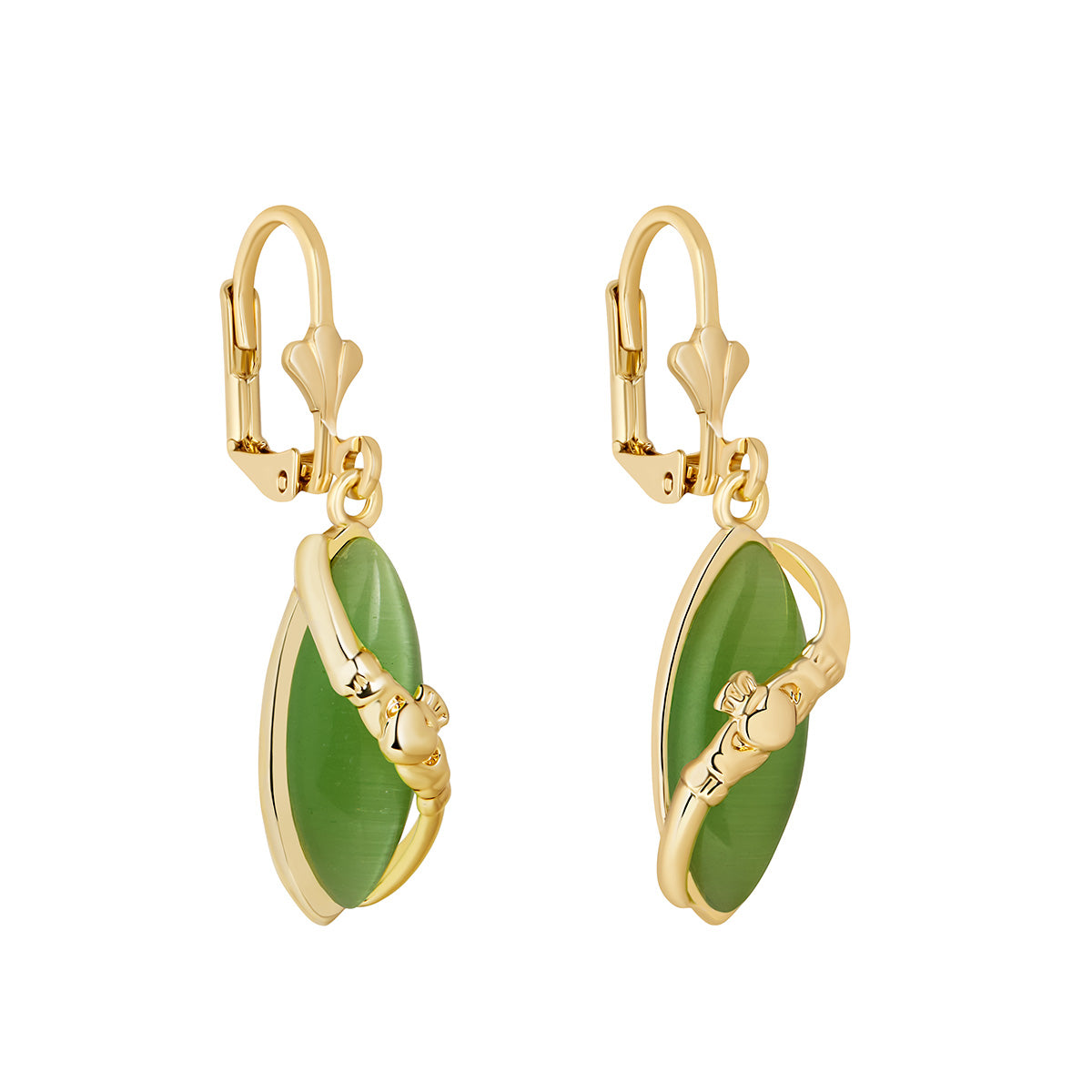 Gold Plated Cat Eye Claddagh Drop Earrings