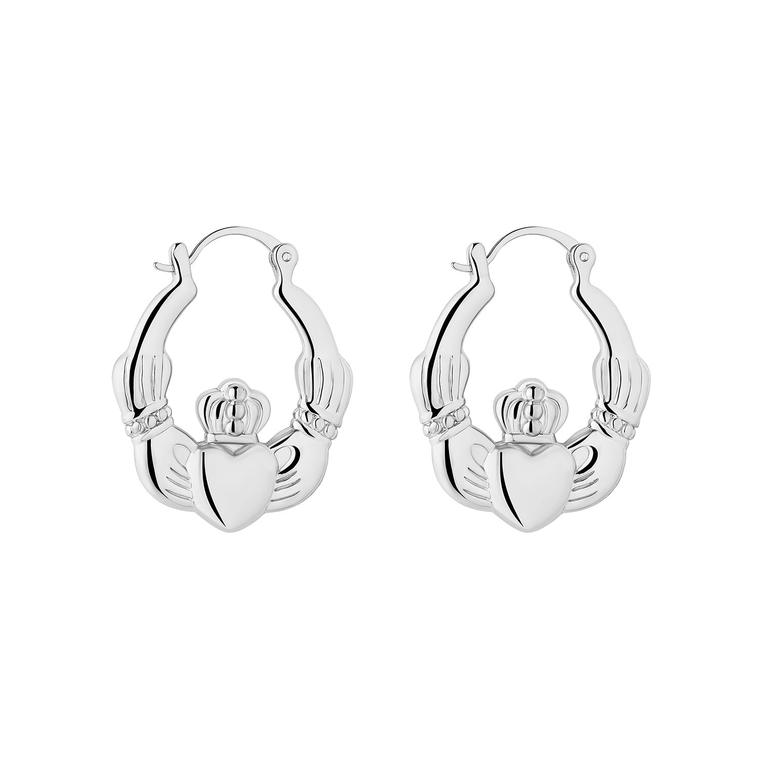 Rhodium Plated Large Claddagh Creole Earrings