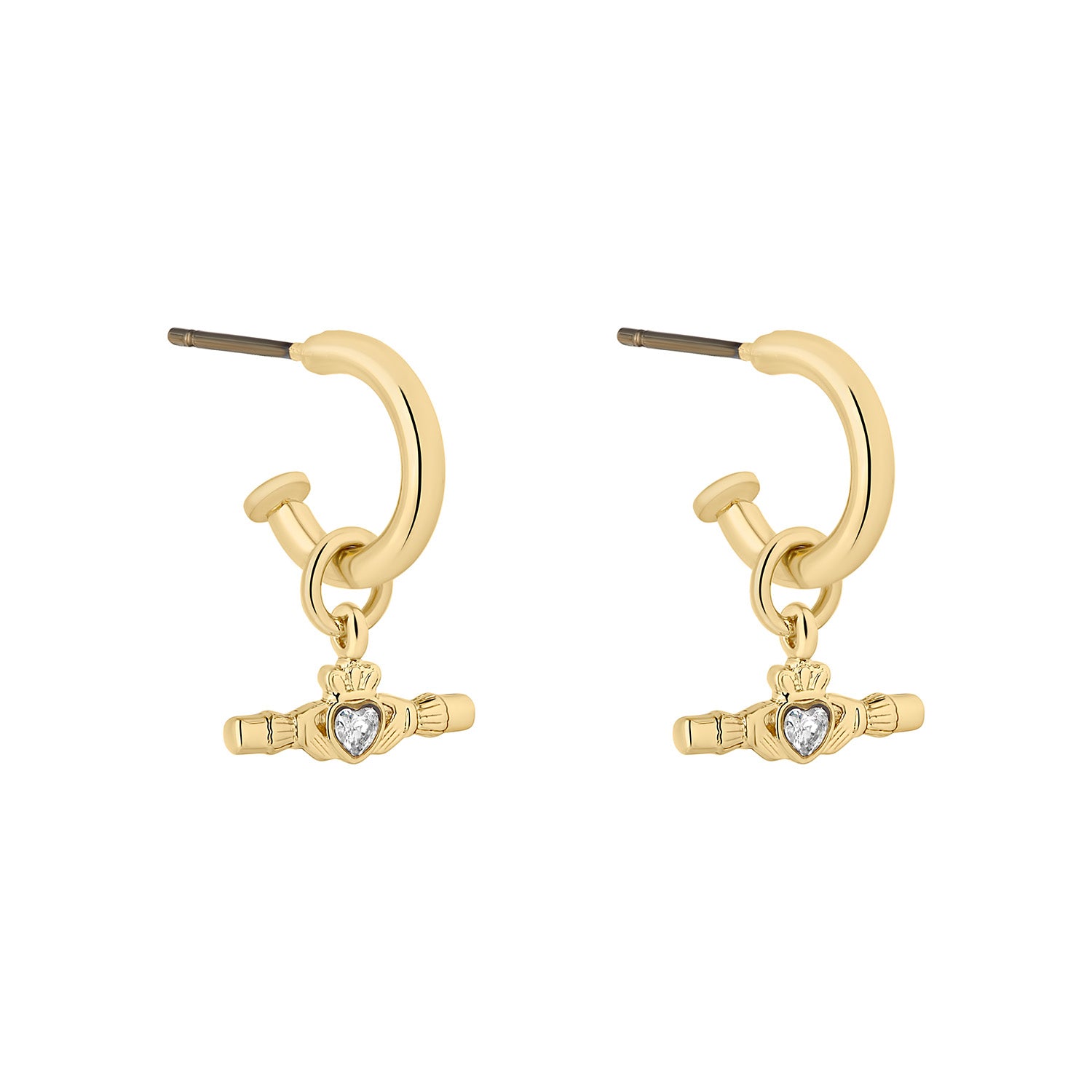 Gold Plated Green Crystal Claddagh T-Bar Hoop Earrings