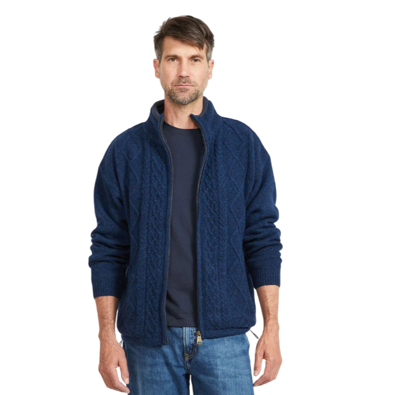 Men's Lined Shetland Wool Zipper Navy Cardigan