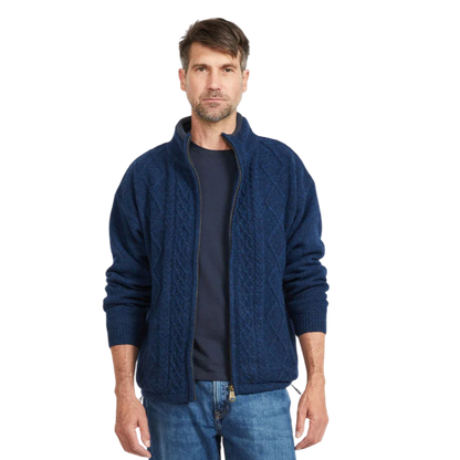 Men's Lined Shetland Wool Zipper Navy Cardigan