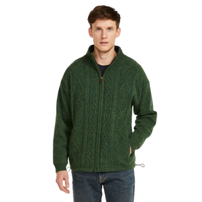Men's Lined Shetland Wool Zipper Green Cardigan