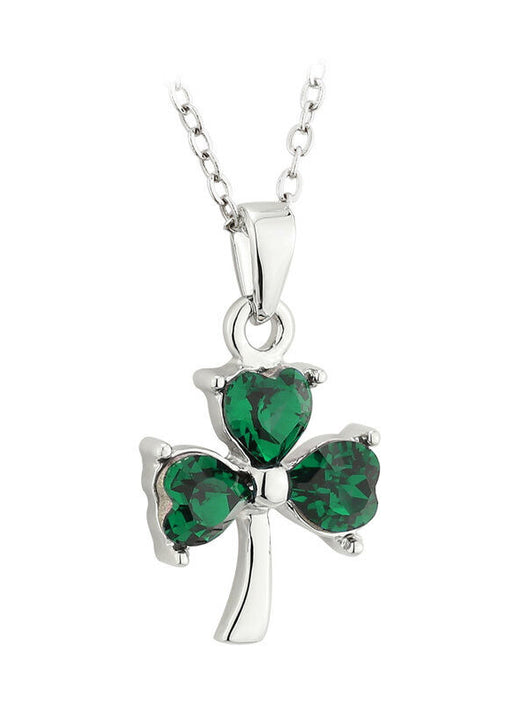 Silver necklace with a shamrock pendant featuring green heart-shaped stones