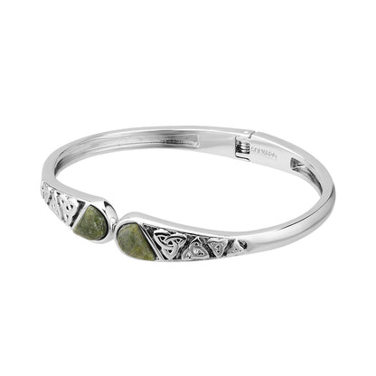 Rhodium Plated Trinity Knot And Connemara Marble Bangle