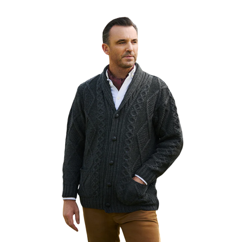 Men's Shawl Collar Grandfather Charcoal Cardigan – Carrolls Irish