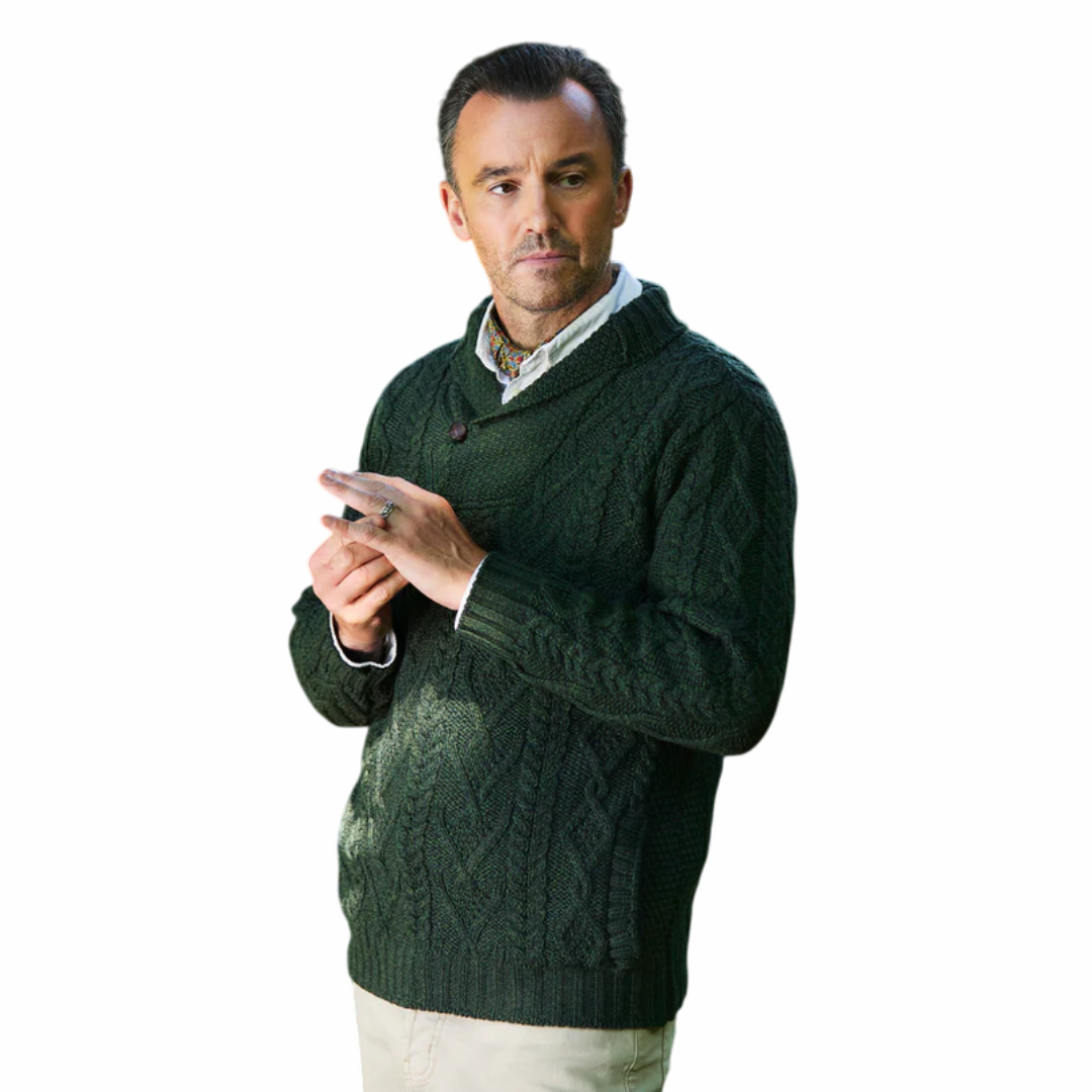 Men's Shawl Collar Aran Green Jumper