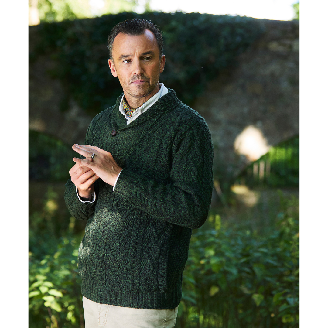 Men's Shawl Collar Aran Green Jumper 