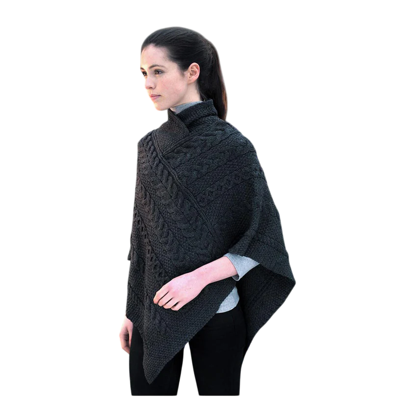 Ladies Aran Cable Knit Charcoal Poncho