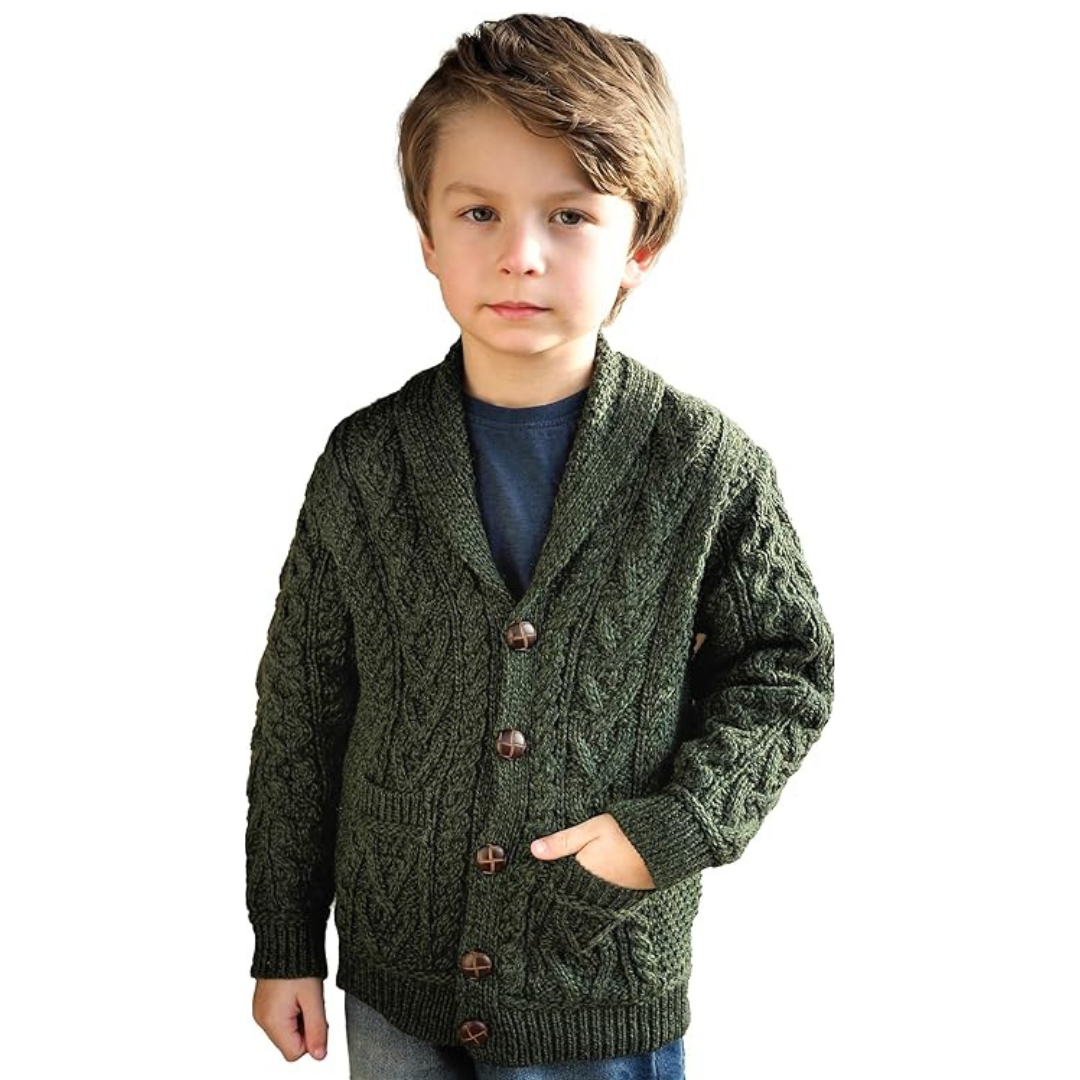 Kids Soft Cable Knitted Green Shawl Cardigan