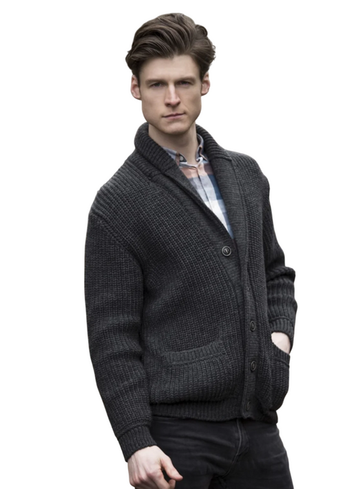 Mens Aran Knit Ribbed Charcoal Cardigan