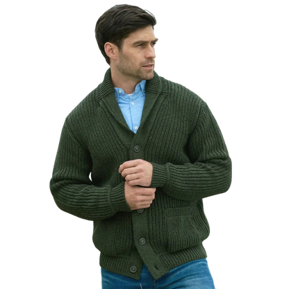 Men's Aran Knit Ribbed Green Cardigan