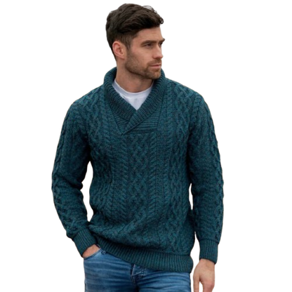 Men's Bunratty Shawl Collar Aran Sweater Peacock