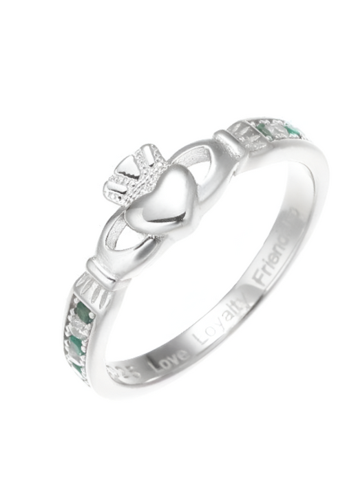 Silver Claddagh ring with heart, hands, crown, and green stones