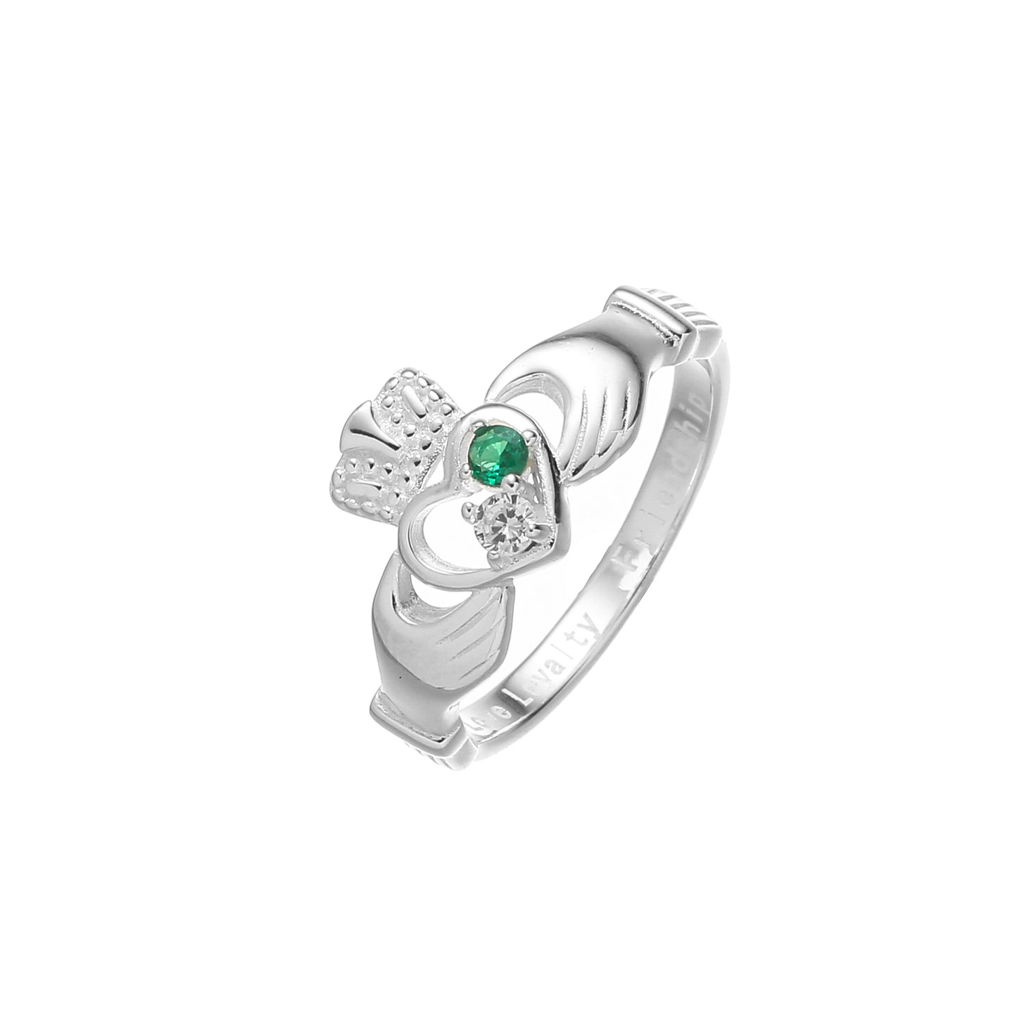 Silver Plated Claddagh Style Green & Clear Stones Ring