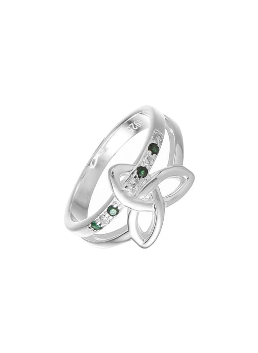 Silver ring with Celtic knot design and small green and clear stones