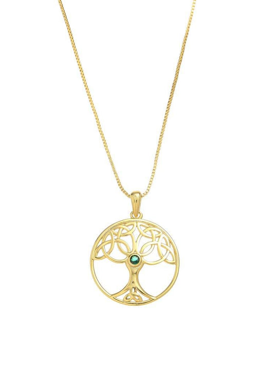 Gold pendant necklace with tree of life design and green gemstone center