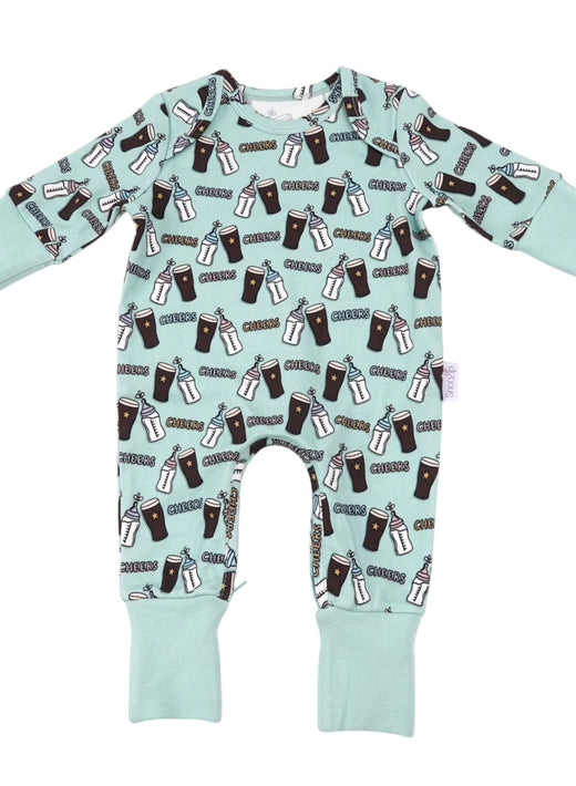Light blue baby romper with bottle and drink glass pattern and cuffs