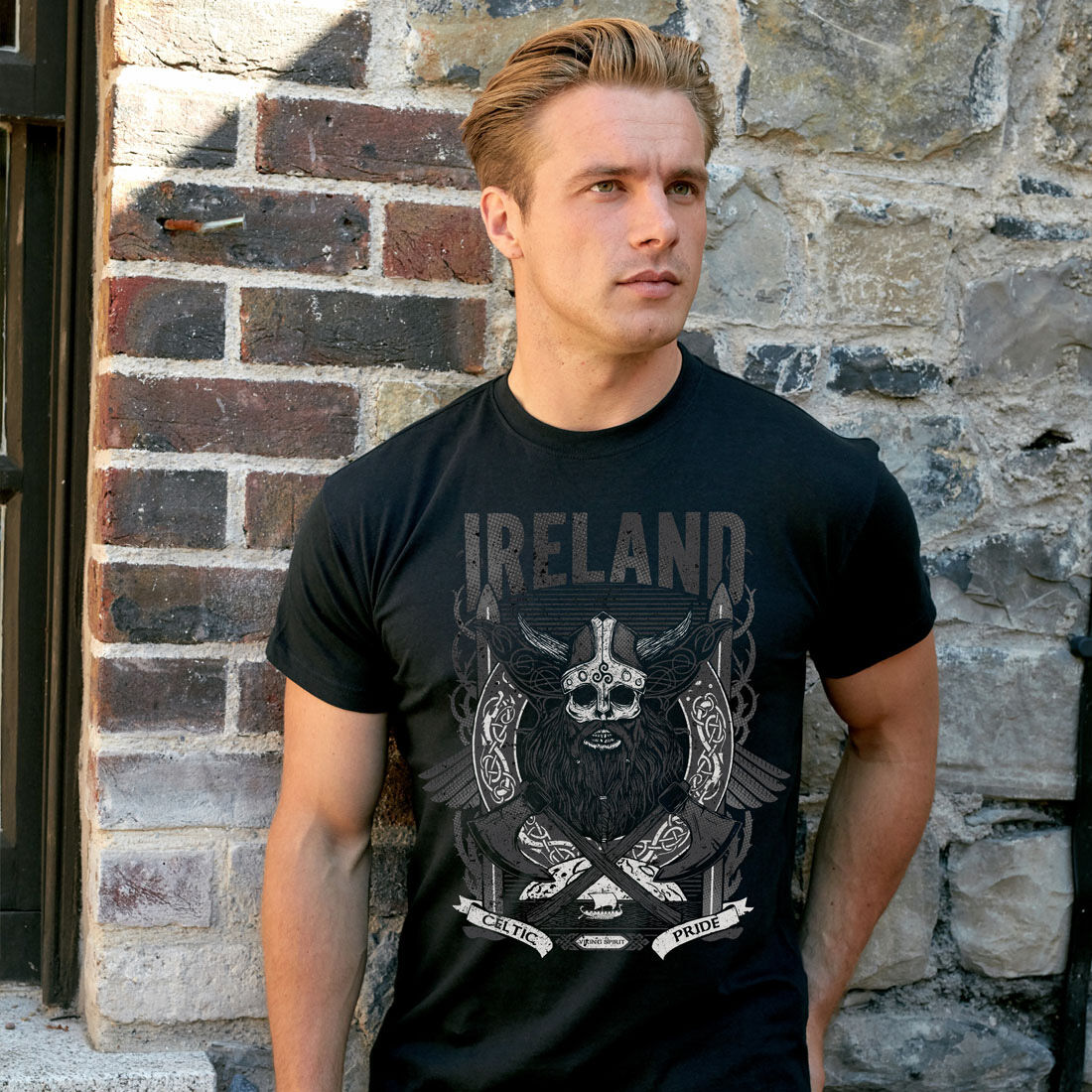 Black Viking Style With Ireland T-shirt 