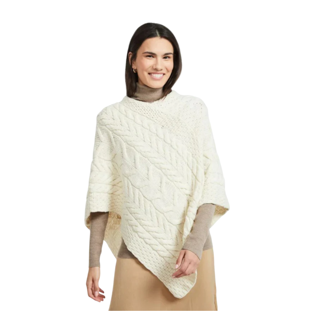Ladies Aran Cable Knit Triangular Natural Poncho