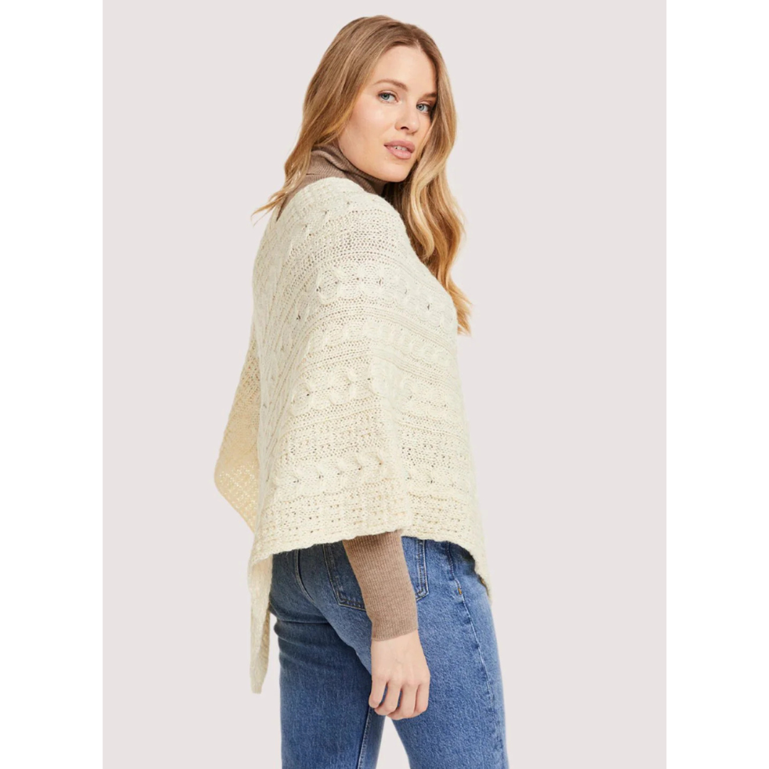 Ladies Buttoned Aran Natural Poncho 